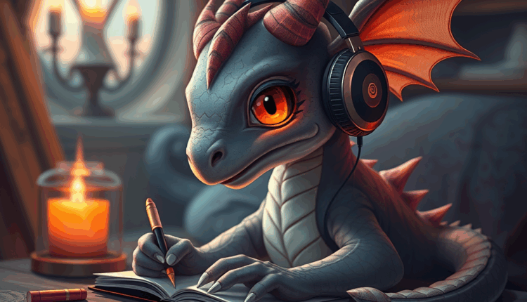 cute-dragon-taking-notes-with-headphones-on-by-a-fire