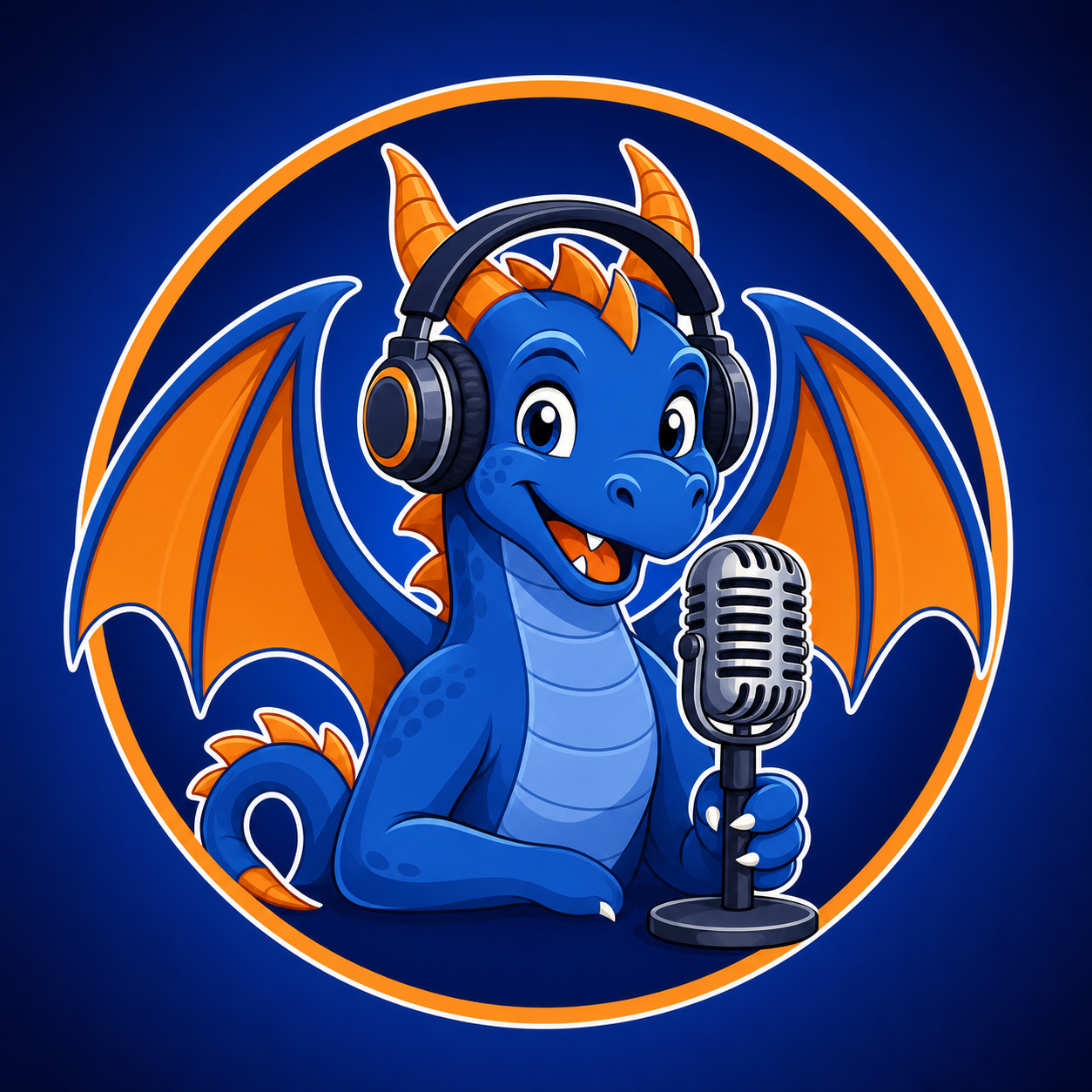 Blue and orange dragon wearing headphones at a podcast microphone
